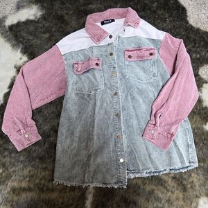 Women's Pink and Green Corduroy Jean Jacket